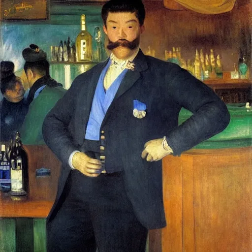 Image similar to portrait of a male bartender, chinese, muscular, brushed - back hair, half - robot, navy zhongshan suit, light blue ascot, monocle, in a bar lit by gold and silver neon lights, manet, renoir, impressionist