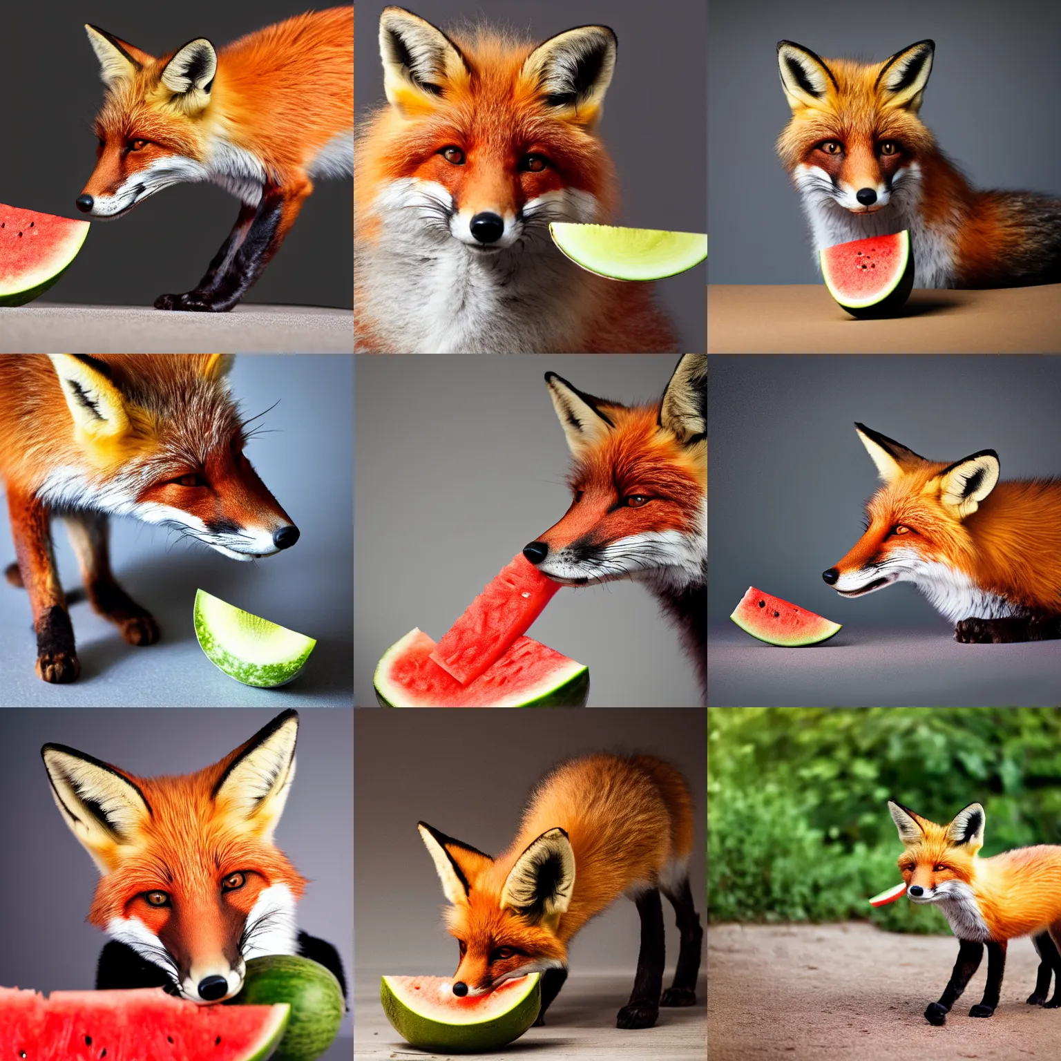 Prompt: a photograph of a fox eating watermelon, soft focus, studio lighting