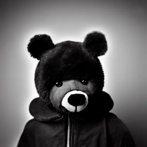 Image similar to a ( ( chiaroscuro lighting portrait ) ) of kanye west dressed as teddy bear mascot, black background, portrait by julia margaret cameron, shallow depth of field, 8 0 mm, f 1. 8