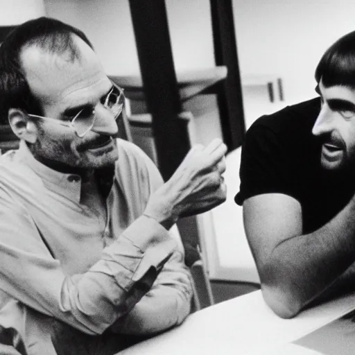 Prompt: photograph steve jobs discussing happier times with douglas adams on campus 1 9 8 8, healthy, in thomas ruff style, 3 5 mm ektachrome