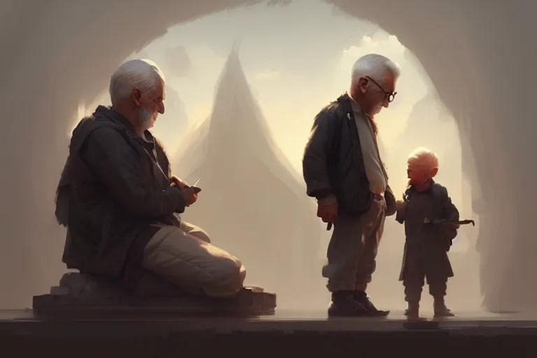 Image similar to a boy and an old man, cinematic, highly detailed, digital painting, artstation, concept art, matte, sharp focus, illustration, art by artgerm and greg rutkowski