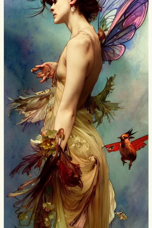 Prompt: a beautiful insanely intricate watercolor painting of a beatutyful fairy with birds, reflexions, colorfull, by william turner art, by greg rutkowski, by alphonse mucha, by james jean, by rossdraws, by frank franzzeta, by sakimichan, trending on artstation, insanely detailed, masterpiece,