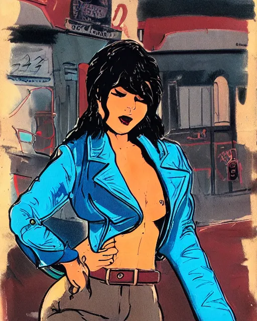 Image similar to young female protagonist in leather jacket, city street, artwork by ralph bakshi