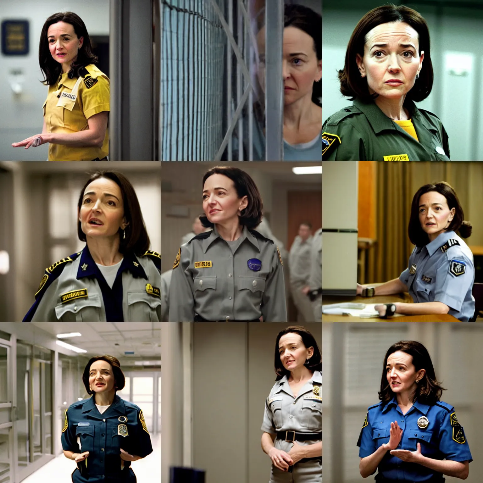 Prompt: Movie still of Sheryl Sandberg as a prison guard in the movie The Panopticon