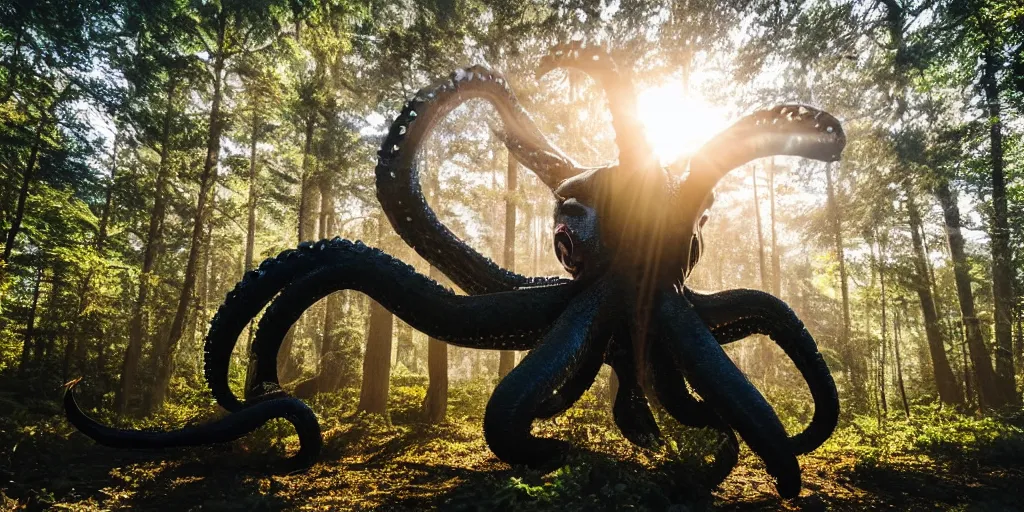 Prompt: a highly detailed giant black octopus god in the middle of a forest, winding around trees, beautiful ambient light, sun rays hitting the slightly transparent creature, 8k photography
