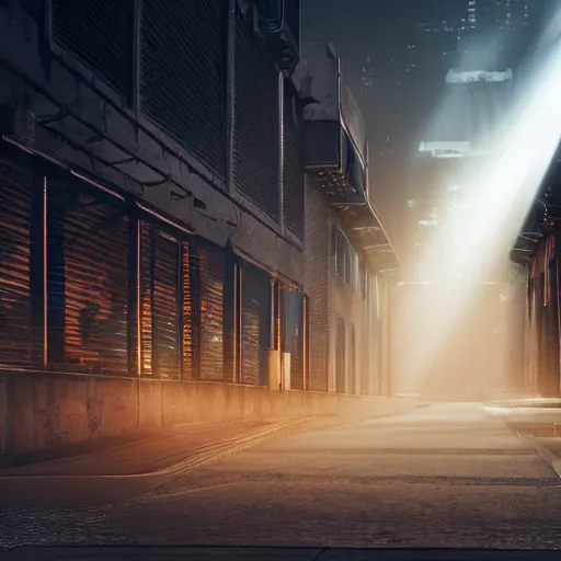 Image similar to futuristic urban city at dusk. figure is obscured by darkness with two bright, shining eyes peering out from the shadows of an alley. cgartist. leading lines. volumetric lighting. god rays.