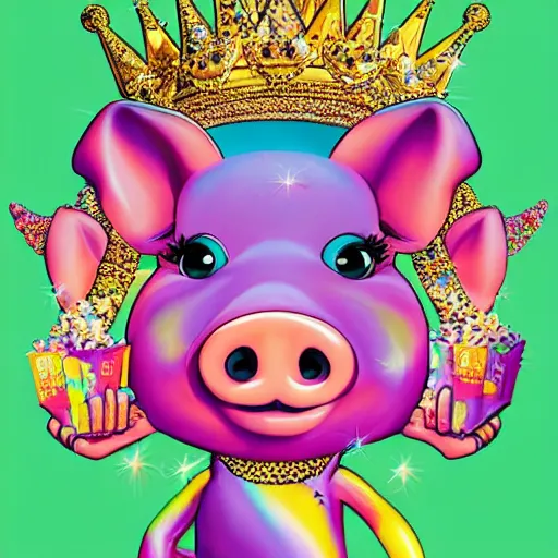 Image similar to lisa frank action pose pig wearing a gold crown throwing pop corn painting by android jones