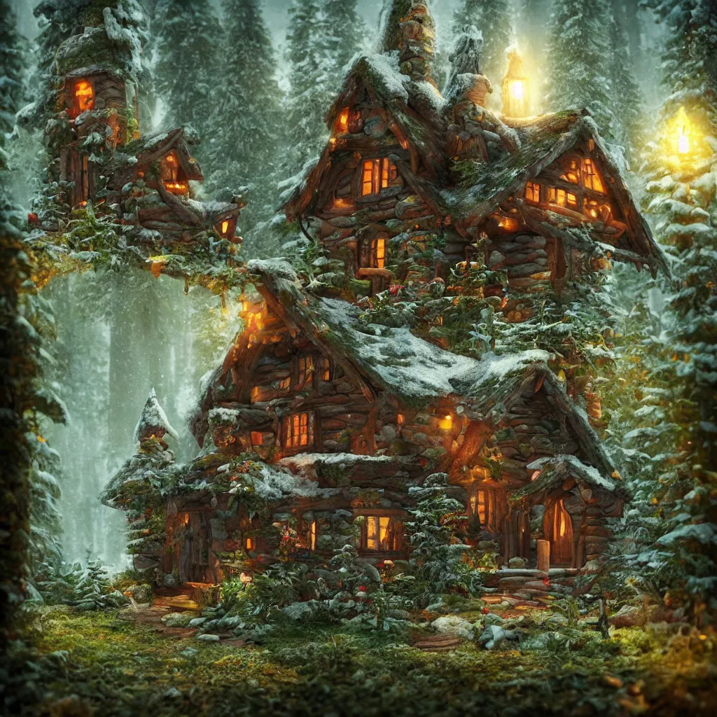 Prompt: elf magical forest cabin with a chimney fantasy, trending on artstation, octane