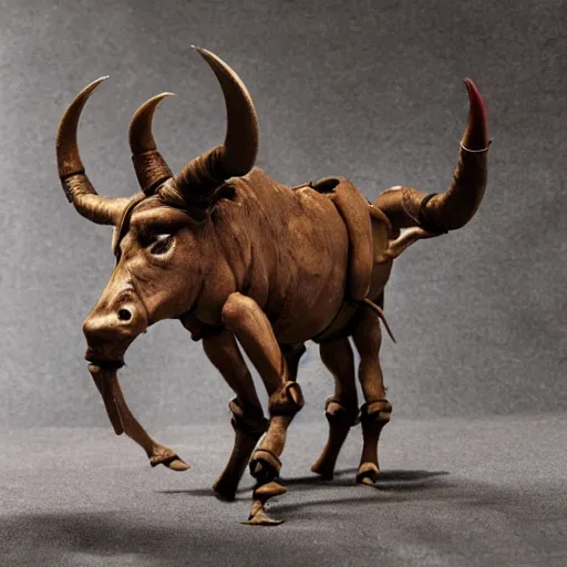 Prompt: a photo of a realistic minotaur stop motion puppet, highly detailed, realistic, cinematic lighting, by ray harryhausen