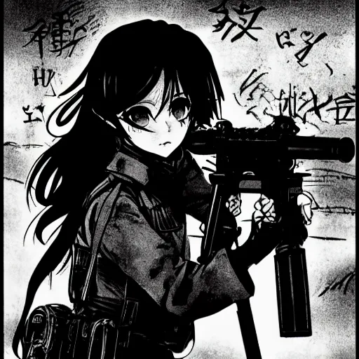 Prompt: manga style, black inking, modern warfare, portrait of a girl under artillery fire, trench sandbags in background, soldier clothing, long hair, hair down, symmetrical facial features, comic page, trending pixiv, black shadow patterns, by akihito yoshitomi, akiko higashimura