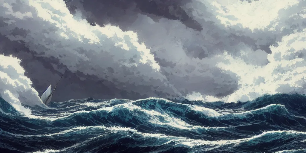 Prompt: A fishing boat rides a huge wave in a stormy sea, an intense storm blacks out the sky, fork lightning, dark and epic, Greg Rutkowski and Studio Ghibli