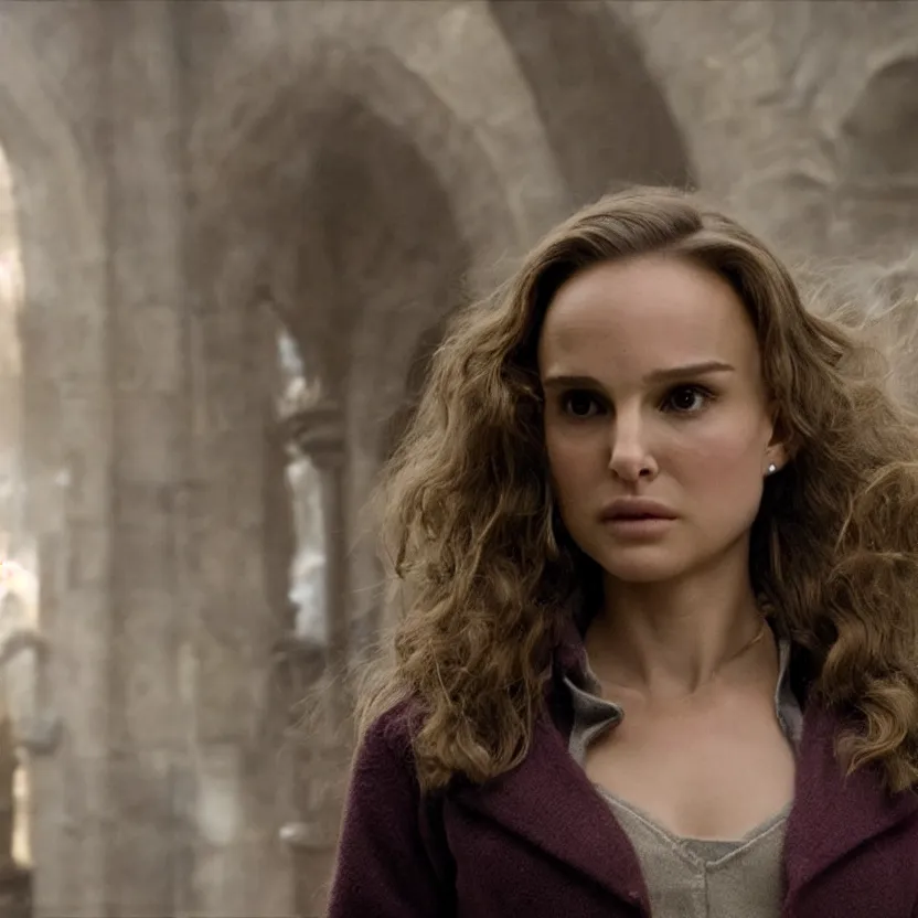 Image similar to natalie portman as hermione granger, ultra realistic, harry potter movie screenshot, cinematic, sense of awe