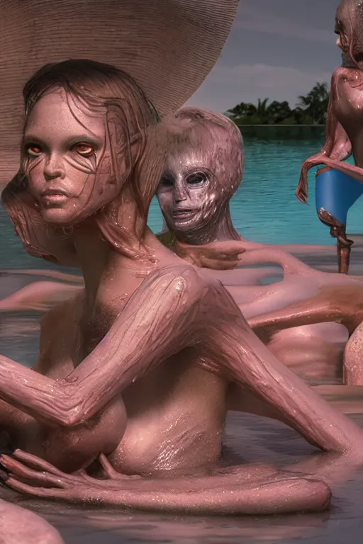 Image similar to summer swimming party, body horror, h.r. Giger, octane render