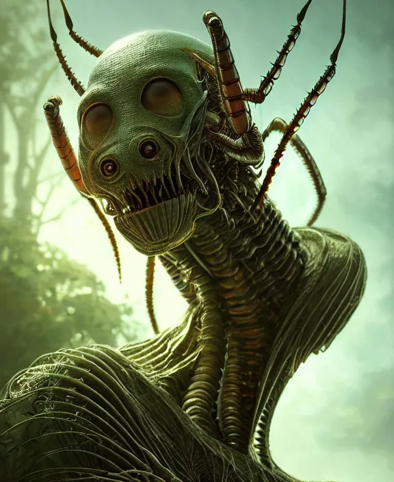 Image similar to intricate portrait of a scary alien insect creature, adorable, childlike, overgrown environment, ultra realistic, concept art, minimalist, photorealistic, octane render, 8 k, unreal engine. art by christopher marley and artgerm and greg rutkowski and alphonse mucha