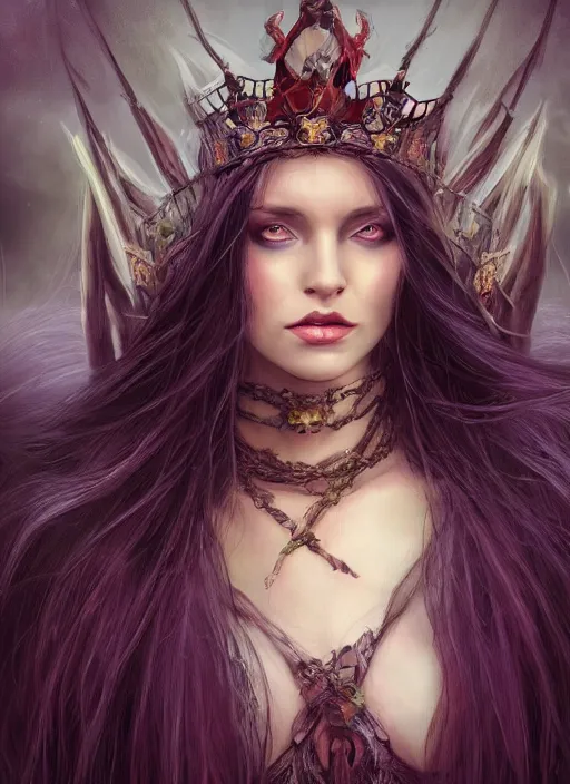 Prompt: mysterious dark and beautiful witch with long hair and a crown, fantasy, medieval, vivid colors, fantasy, elegant, concept art, sharp focus, beautiful face!!, digital art, Hyper-realistic, 4K, Unreal Engine, Highly Detailed, HD, Dramatic Lighting by Brom, trending on Artstation