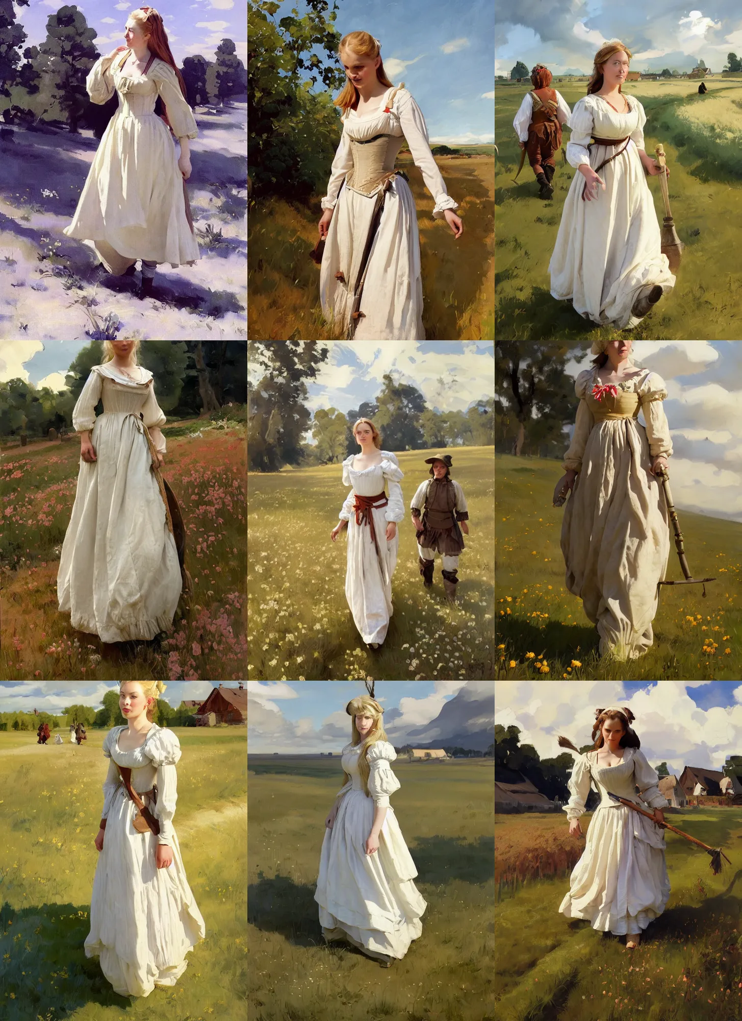 Prompt: finnish norwegian scandinavian attractive village maiden wearing 1 7 th century bodice walking in the field in a sunny day, jodhpurs greg manchess painting by sargent and leyendecker, studio ghibli, fantasy, medium shot, asymmetrical, intricate, elegant, matte painting, illustration, hearthstone, by greg rutkowski, by greg tocchini, by james gilleard