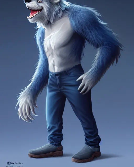 Image similar to character concept art, cute adult male anthropomorphic furry, cute fine face, darkblue werewolf, pants, pretty face, key visual, long human lightblue hair, realistic shaded furry face, fine details by stanley artgerm lau, wlop, rossdraws, james jean, andrei riabovitchev, marc simonetti, and sakimichan