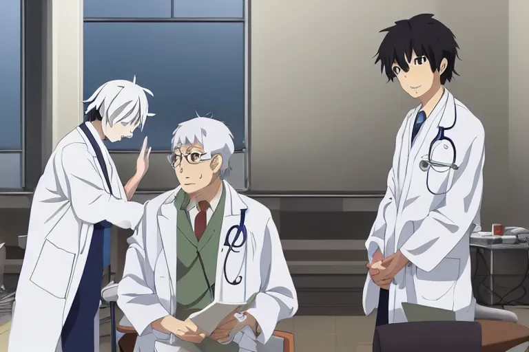 Image similar to a elegant doctor wearing white coat are talking with an old surgeon in a hospital, slice of life anime, lighting, anime scenery by Makoto shinkai