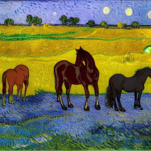 Prompt: horses standing in a field in the moonlight, award winning painting by Vincent van gogh, highly detailed, masterpiece