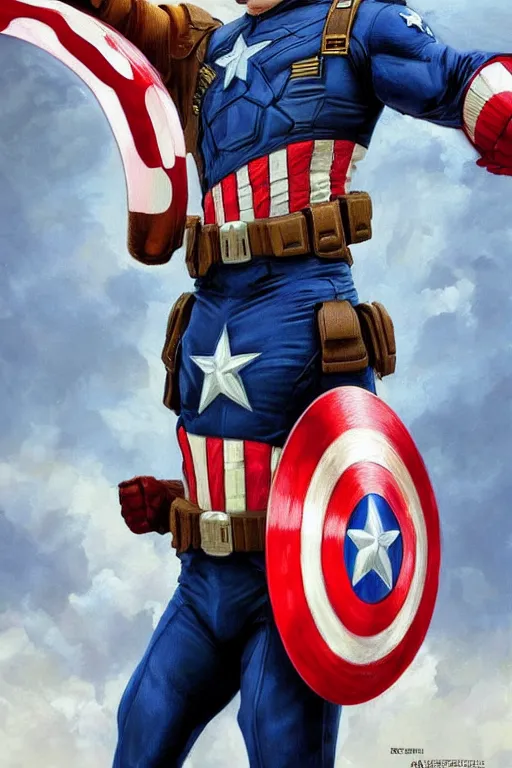 Image similar to hyperrealistic painting of Donald Trump as Captain America, D&D, fantasy, photorealism, accurate depiction, intricate, elegant, highly detailed, digital painting, post processing, extremely detailed, face symmetry, artstation, concept art, matte, smooth, sharp focus, illustration, art by Artgerm and Greg Rutkowski and Alphonse Mucha, oil painting, 8k