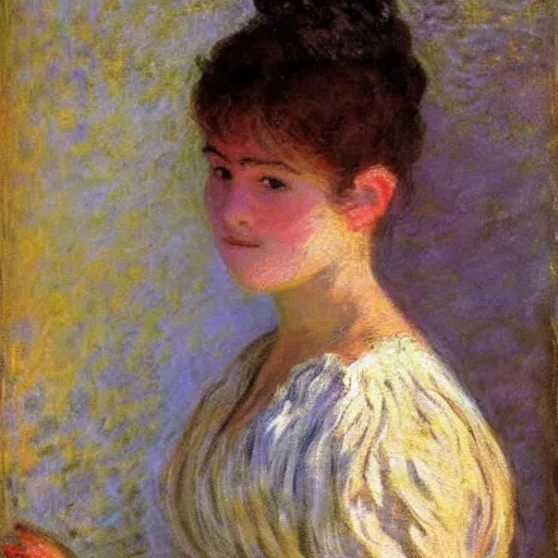 Image similar to 19th century portrait by Claude Monet!!!! of a young woman!!, looking at us!!, sunlight! oil painting-H 768