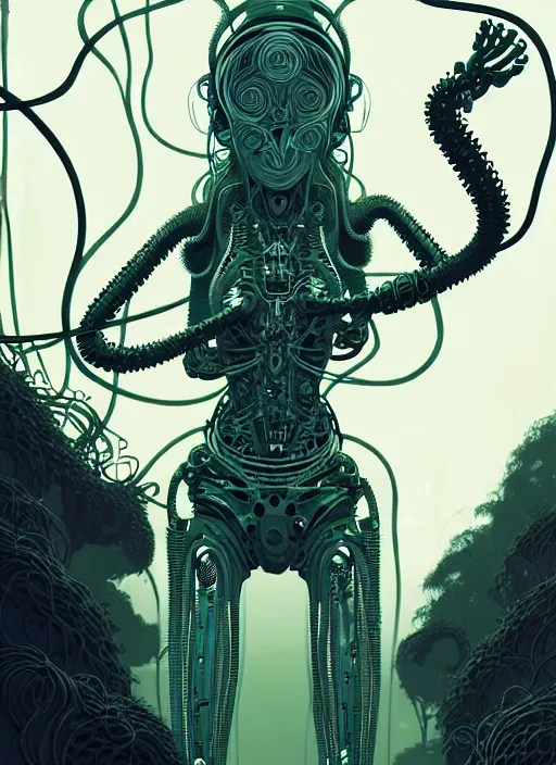 Image similar to highly detailed portrait of a biomechanical long curly white hair tribal lady, stray wiring by atey ghailan, james gilleard, by joe fenton, by greg rutkowski, by greg tocchini, by kaethe butcher, 4 k resolution, gradient green, black and white color scheme!!! ( ( forested robotic dense jungle background ) )