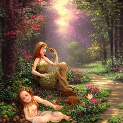 Prompt: forest sensual woman and her daughter eating animal in the forest, digital art, artwork, hihgky detailed face, thomas kindkade, fantasy, intricate