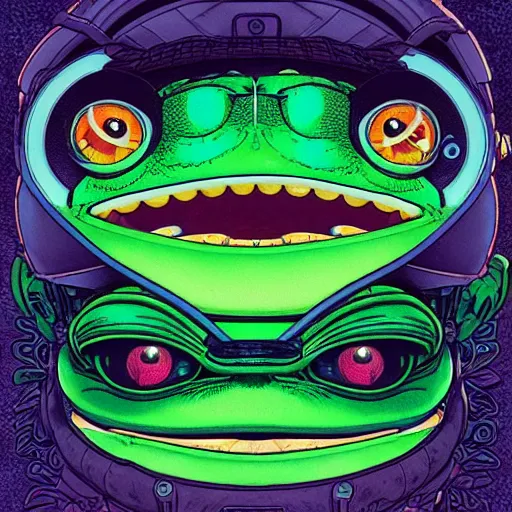 Image similar to portrait of pepe the frog wearing vr headset, symmetrical, by yoichi hatakenaka, masamune shirow, josan gonzales and dan mumford, ayami kojima, takato yamamoto, barclay shaw, karol bak, yukito kishiro