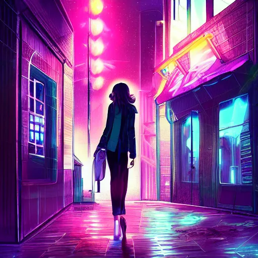 Image similar to woman lost in a city at night, neon lights, awesome, digital art, anime