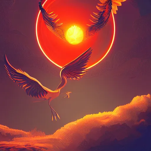 Image similar to optimism, the solarpunk phoenix, red bird, ornate egg, regeneration, landscape, epic composition, volumetric light, bokeh, digital painting by ilya kuvshinov and by gauthier leblanc