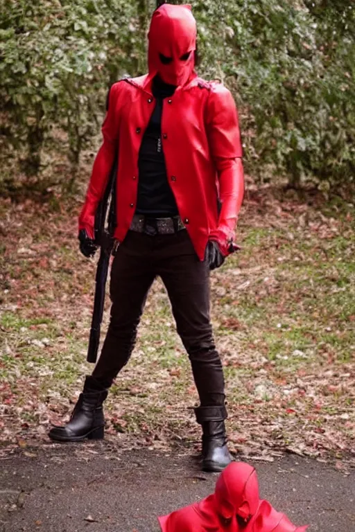 Prompt: red hood cosplay, creepy, disturbing