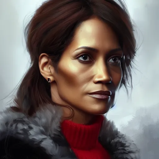 Prompt: portrait of maci holloway, first woman elected as president in usa, cold but beautiful, about 3 5 years old, highly detailed, mix of halle berry and julia roberts gong li,, artstation hd, deviantart, by artgem, greg rutkowski