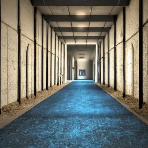 Prompt: long hallway with dirt on the ground and random doors and blue lights 4k, hd, photorealistic