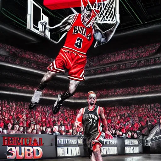 Image similar to hyperrealistic mixed media high resolution painting of Danny DeVito slam dunk Chicago bulls, stunning 3d render inspired art by István Sándorfi and Greg Rutkowski and Unreal Engine, perfect facial symmetry, dim volumetric lighting, 8k octane beautifully detailed render, full body shot, post-processing, extremely hyper-detailed, intricate, epic composition, highly detailed attributes, highly detailed atmosphere, cinematic lighting, masterpiece, trending on artstation, very very detailed, masterpiece, stunning, flawless completion, lifelike texture, perfection,
