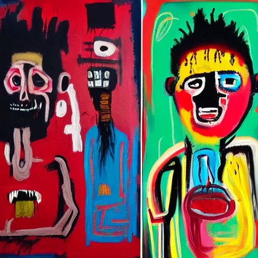 Image similar to robert nava paintings in the style of jean michel-basquiat