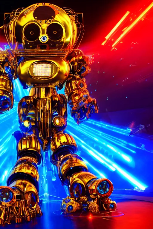 Image similar to portrait photo of a giant huge golden and blue metal futuristic steampunk robot covered with multicolored big gears and tubes, eyes are glowing red lightbulbs, robot holds a huge red electric guitar, shiny crisp finish, 3 d render, 8 k, insaneley detailed, fluorescent colors, background is multicolored lasershow