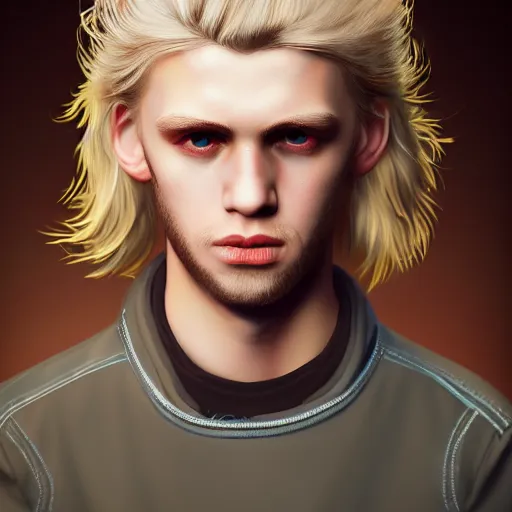 Prompt: A videogame portrait of a blond young Irish man. Rock star. Dressed in 1980s style. Highly detailed, fine Art, high detail, great lighting, 8k resolution, masterpiece, concept art, illustration, clear eyes, painting oil on canvas, octane render, HDR, trending on artstation, 4k, 8k, HD