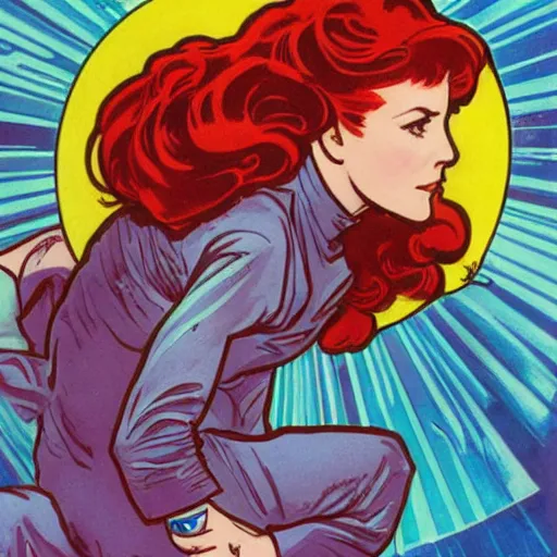 Prompt: a woman with red hair, floating in space. she is an astronaut, wearing a space suit. well composed, clean elegant painting, beautiful detailed face. comic book art by steve ditko and jack kirby and ( alphonse mucha )