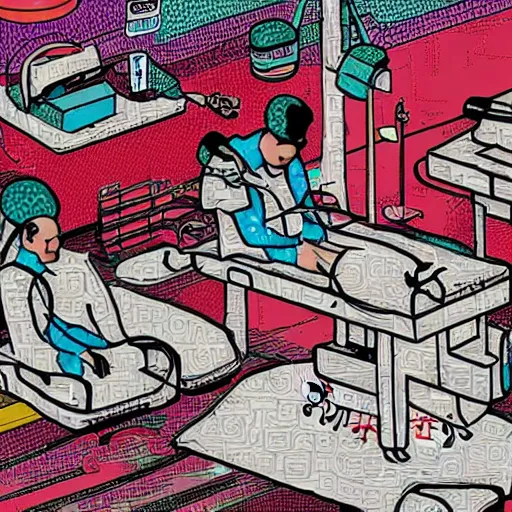 Image similar to chinese surgery operating table, in the style of daniel johnston and outsider art, 8k, line brush, overlaid with chinese adverts