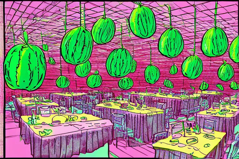 Prompt: 2 0 1 2 watermelon diner, tables repeat endlessly into the horizon, y 2 k cybercore cutecore fruitcore, one point perspective