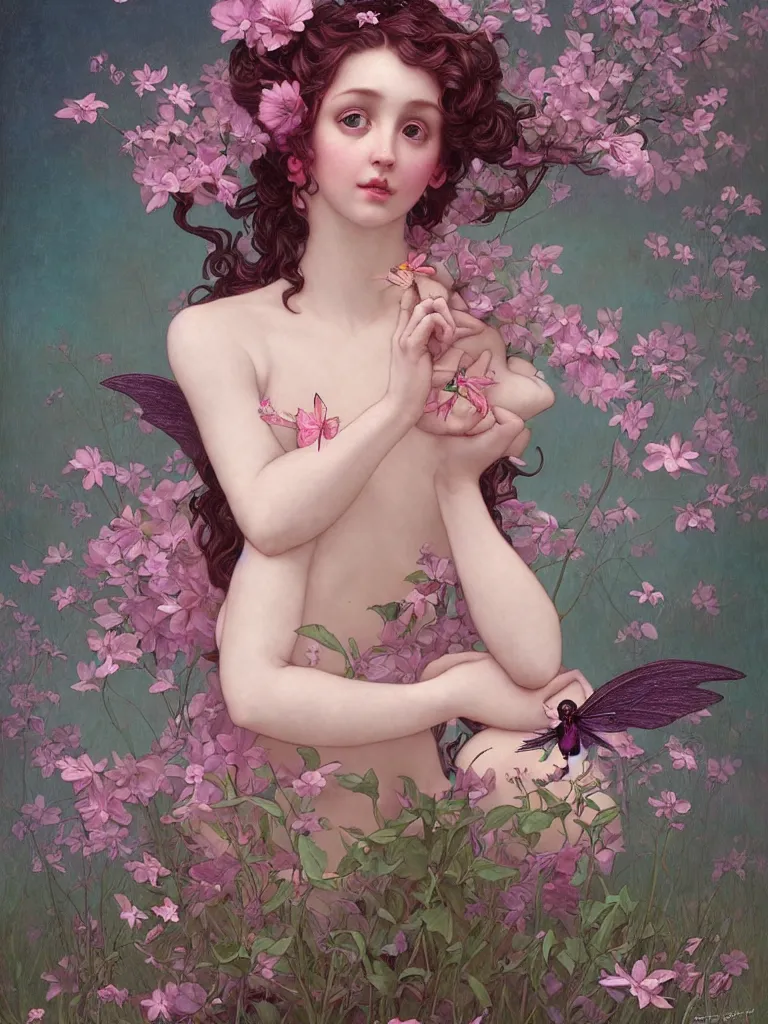 Image similar to one pink fairy with large wings exploring her lonely flower garden by herself in the style of tom bagshaw, william bouguereau, lois van baerle, ilya kuvshinov, alphonse mucha, extremely detailed, muted colors, symmetrical face, large eyes, beautiful face
