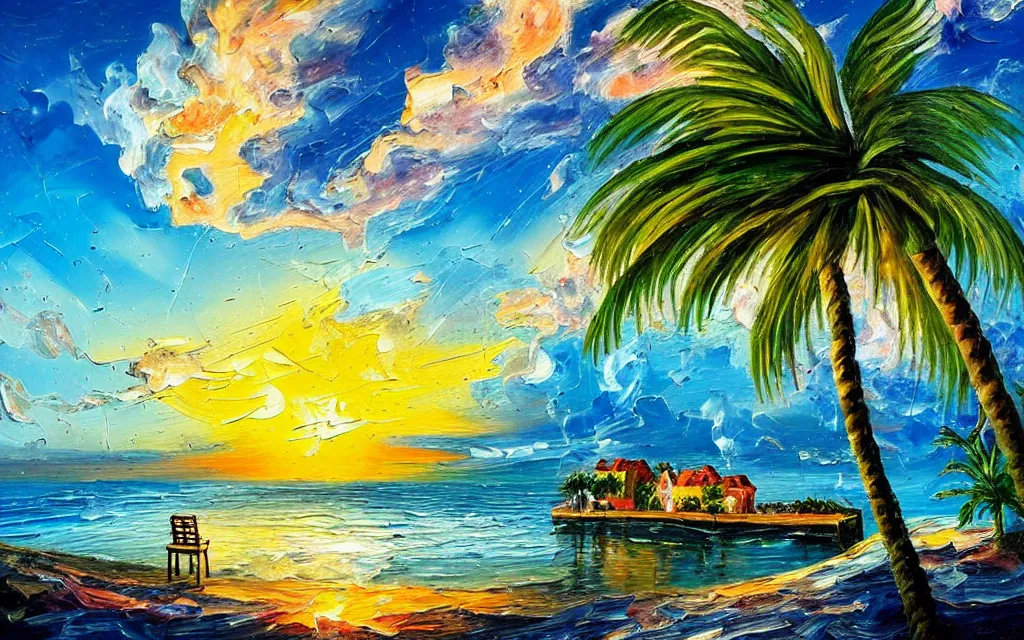 Image similar to a sea with a tiny island with a cute cozy cottage with a terrace, a paved garden courtyard with benches and a fountain, palm trees, river, sunset, puffy clouds, dramatic and dynamic lighting, thick brush strokes oil impasto painting