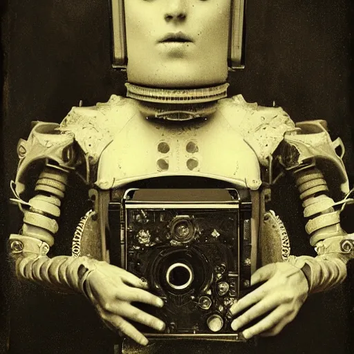 Prompt: old wetplate daguerreotype portrait of the pleasure bot, explosion of data fragments, fractal, intricate, elegant, highly detailed, parallax, leica, medium format, subsurface scattering, by jheronimus bosch and greg rutkowski and louis jacques mande daguerre,