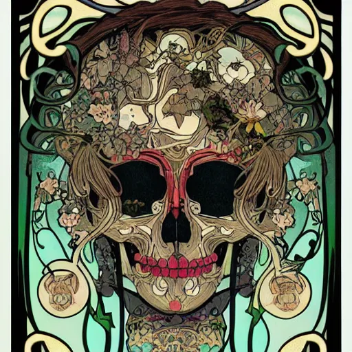 Prompt: anime manga skull portrait face skeleton with birds and nature illustration style by Alphonse Mucha and disney comic pop art nouveau