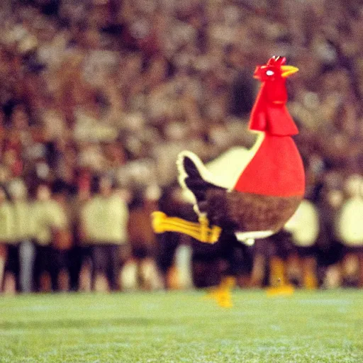 Image similar to the famous funky chicken runs across a football field, interrupting the big game, 3 5 mm