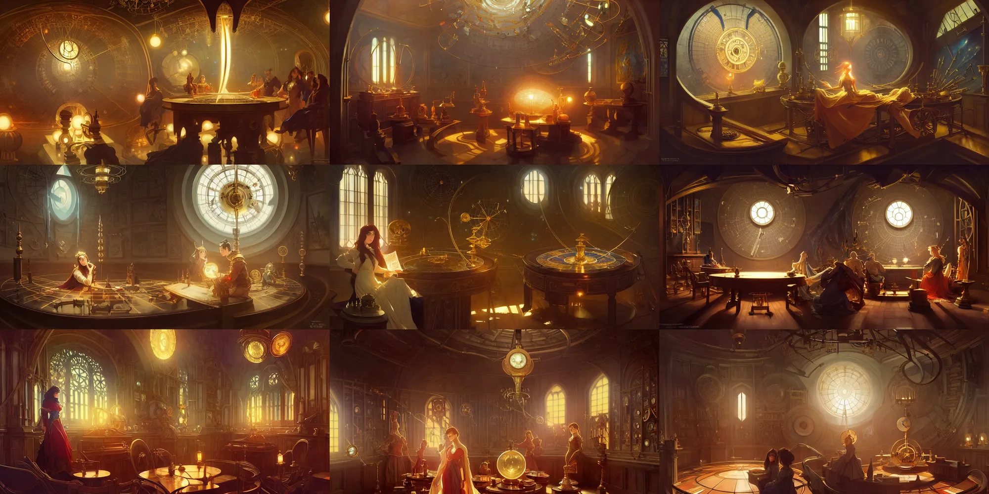 Prompt: orrery of tragedies, lighting bolts, medival castle room interior, sharp focus, illustration, highly detailed, digital painting, concept art, matte, art by wlop and artgerm and greg rutkowski and alphonse mucha, masterpiece