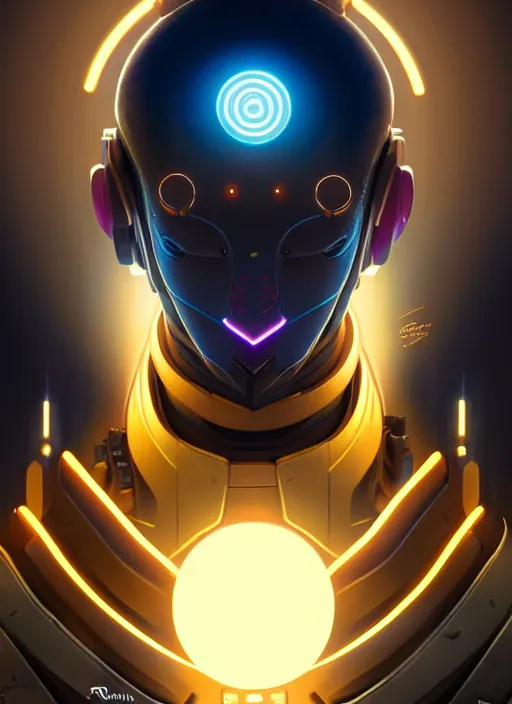 Image similar to symmetry portrait of zenyatta from overwatch, sci - fi, tech wear, glowing lights intricate, elegant, highly detailed, digital painting, artstation, concept art, smooth, sharp focus, illustration, art by artgerm and greg rutkowski and alphonse mucha