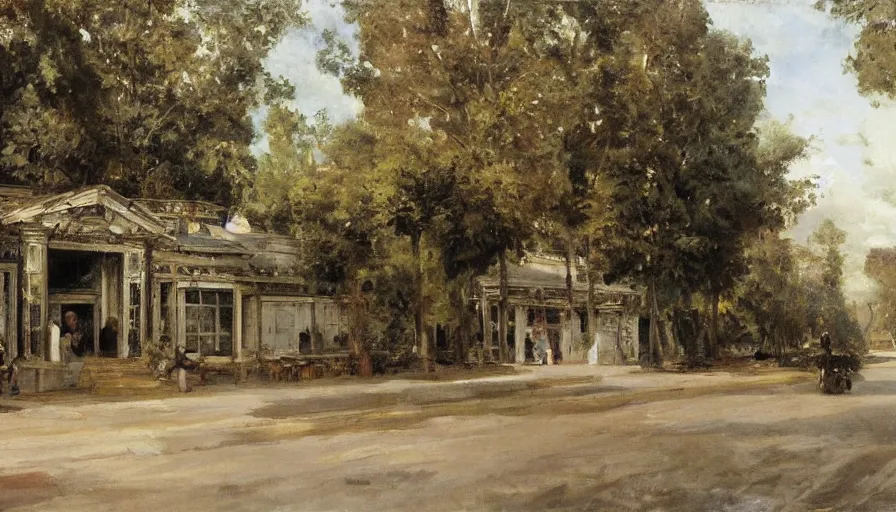 Prompt: artwork painting of the storefront building by eugene von guerard, ivan shishkin, john singer sargent