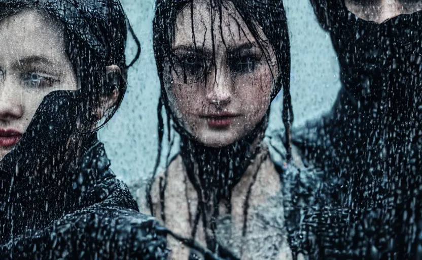 Image similar to cinestill 5 0 d candid photographic portrait by christopher nolan of two loving female androids wearing rugged black mesh techwear in treacherous waters, extreme closeup, modern cyberpunk moody emotional cinematic, pouring rain, 8 k, hd, high resolution, 3 5 mm, f / 3 2, ultra realistic faces, ex machina