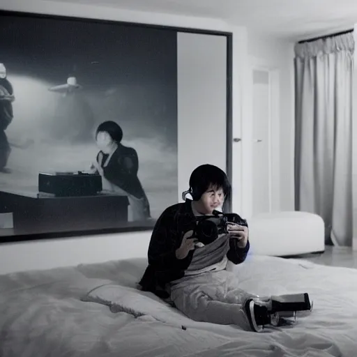 Prompt: hyperralism poto of kim chen playing xbox in basement bedroom by araki hobuyoshi